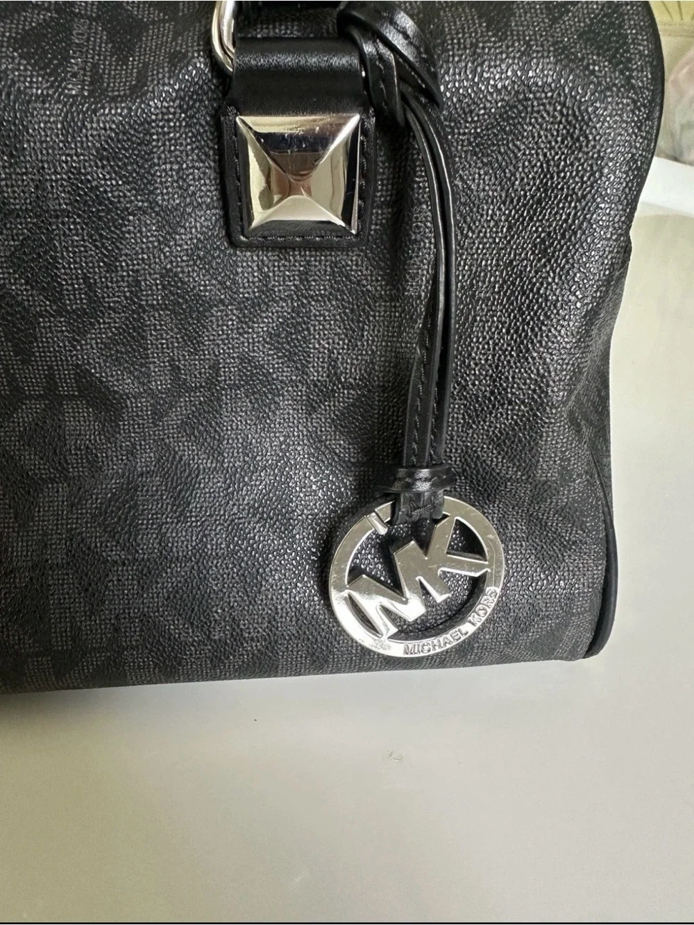 Michael Kors Black MK Logo Dome Satchel with Silver Hardware Grayson